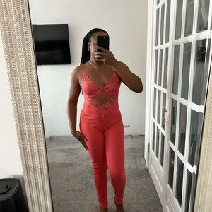 Fashion Nova Coral Lace Jumpsuit